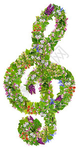 您春季生态音乐的音乐绿色复活节剪刀符号与泉水植物和花朵分离的抽图片
