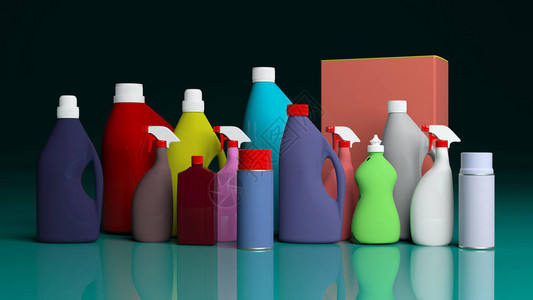 绿色蓝表面各种清洁产品包的多样化图片