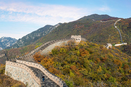 长城远景压缩塔和墙段秋季在北京北京古代防御军事地标附近的山区图片