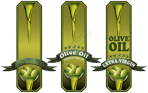 三个标签与丝带绿橄榄和油文本橄榄油和特级初榨的集合在白图片
