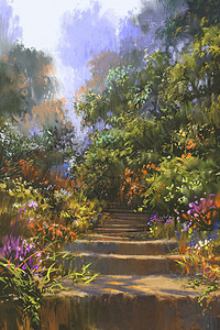 木头石梯五颜六色的花朵插图画背景图片