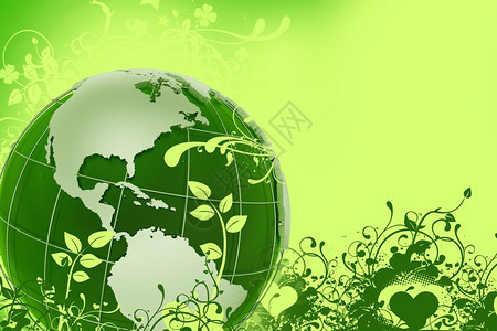 绿色生态地球全球绿色能源插图与绿色地球地球模型和花卉装饰图片
