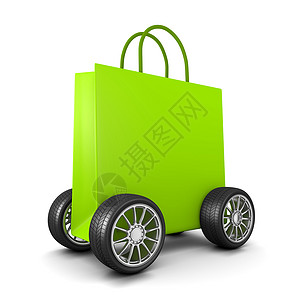绿色购物袋和白色背景的轮子图片
