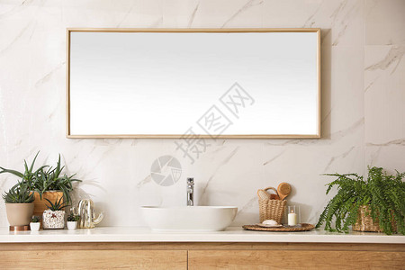 带台面镜子和室内植物的时尚浴室内饰设计理念图片