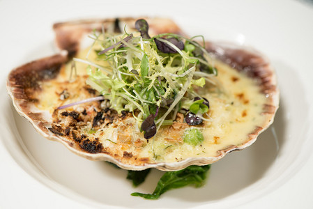 美食海鲜贝壳上的烤扇贝图片
