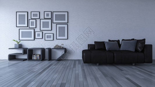 白砖墙上2017年木架子的3d渲染图像白色的沙发放在木地板上图片