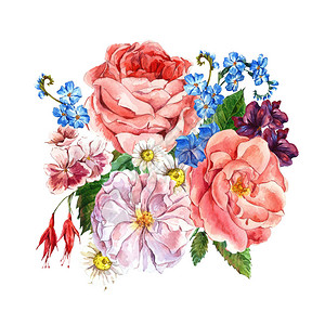 彩虹布花玫瑰白黛西和蓝野花的图片图片