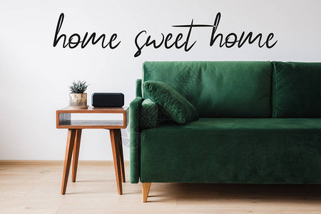 绿色沙发枕头带植物的木制咖啡桌和闹钟图片