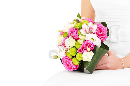 婚礼鲜花和新娘在白色背景的照片图片