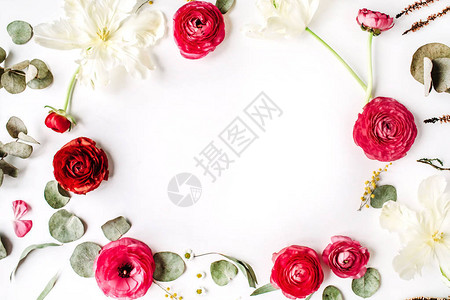 粉红玫瑰和红玫瑰的花边框或彩虹白郁金香和白图片