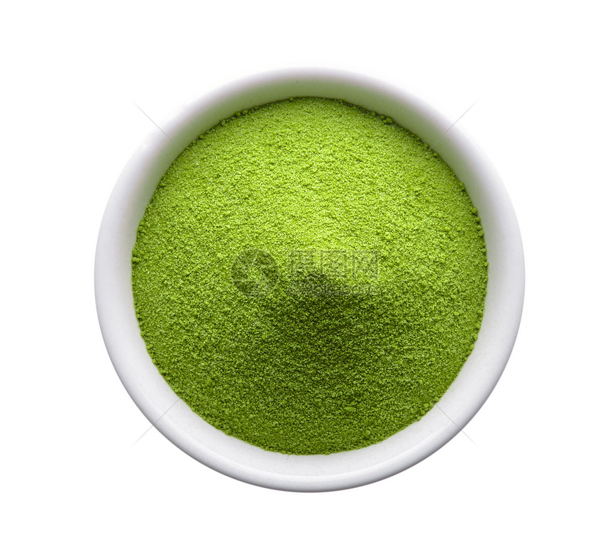 白色背景中碗的绿茶粉图片