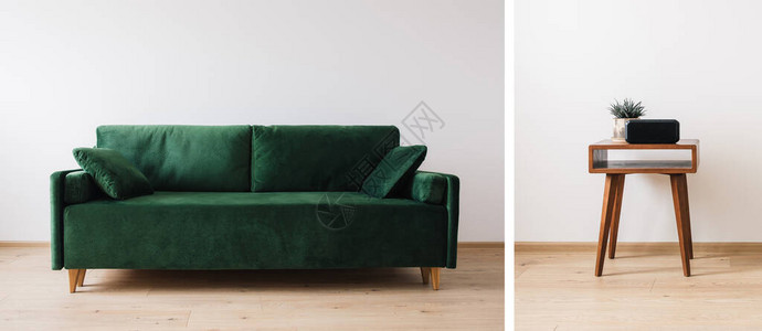 绿色沙发枕头和木制咖啡桌以及植物图片