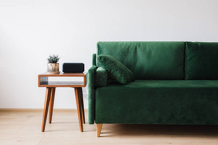 绿色沙发枕头和木制咖啡桌图片