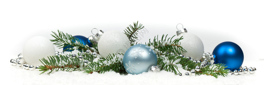 圣诞蓝色和银色球选择焦点图片