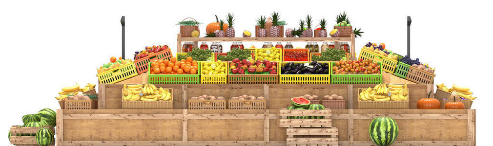 水果和蔬菜新鲜食品白底孤立的市场摊图片
