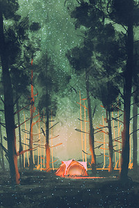 夜间与星和萤火虫在森林露营图片