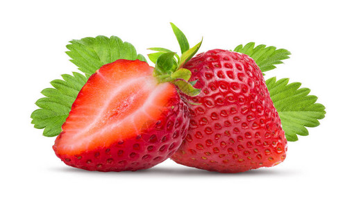 两片成熟的草莓绿色叶子与白色背景图片