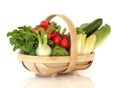 新选的沙拉蔬菜生菜和樱桃番茄放在木制篮子上的图片