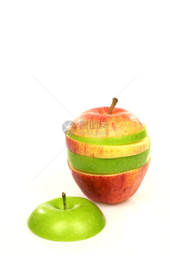 两个切片苹果组装在一起一个绿色苹果帽图片