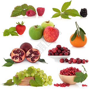 覆盆子草莓黑莓石榴苹果橘子蔓越莓葡萄和红醋栗的水果选择图片