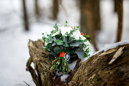 躺在雪地上的冬季花束图片