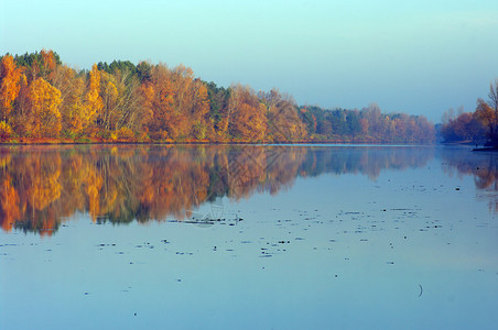 如诗画的秋天河景和明亮的树木图片