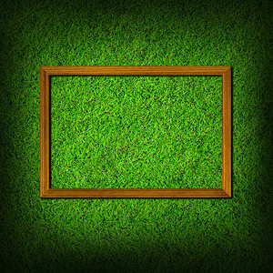 绿草场背景上的木框架图片
