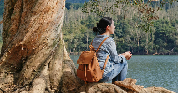 女人坐在树根上欣赏湖景图片