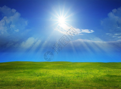 美丽的绿色草地阳光照耀在湛蓝的天空图片