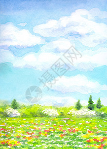 彩色手工生动水彩纸与文本空间系列不同的季节浅绿色阳光照射的草原背景图片