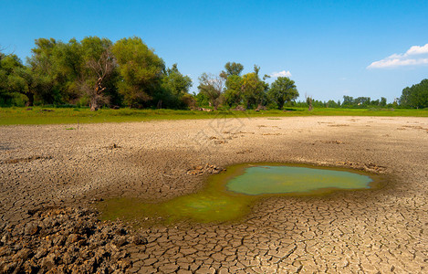 干旱期间干涸湖泊的污染水和裂土背景图片