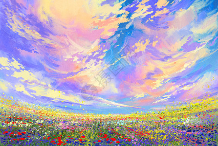 在美丽的云朵下田地上花朵多彩的花背景图片