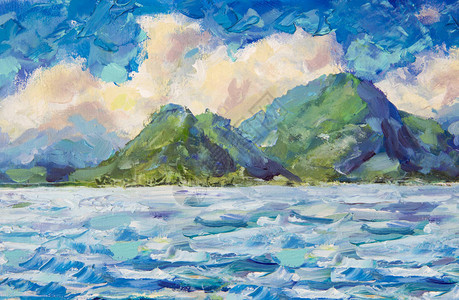 画美丽的青山温暖蓬松的云彩和蓝天海洋河的海景观蓝色绿松石水湖油画和调色板在画布艺术背景图片