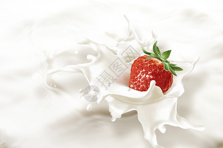 草莓掉进牛奶海溅起水花近距离观察图片