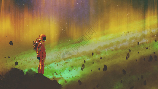 宇航员站在恒星外太空的岩石上光亮多彩数字艺术风图片