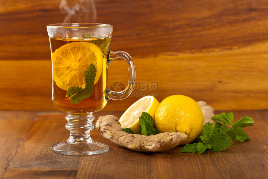 姜茶姜汁柠檬薄荷叶图片