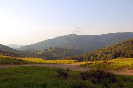 夏季景观中的山峰和绿色草地景观高清图片