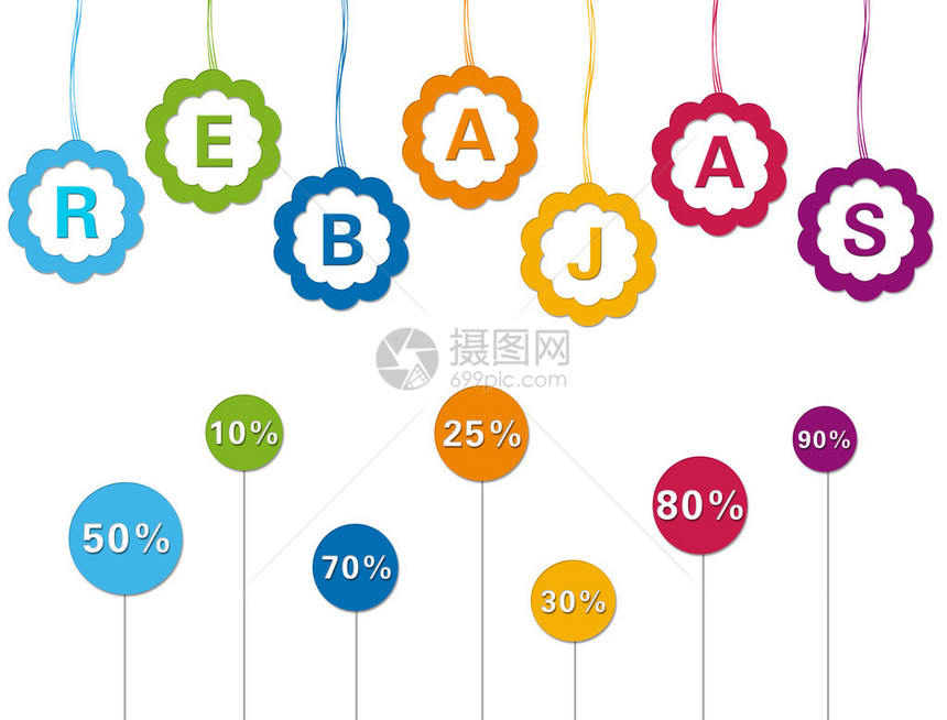 带有折扣报价和Rebajas一词的多彩标签西班牙语的图片