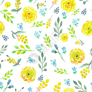 黄花和蓝花的无缝花粉形态白底漆在水彩色图片