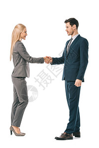 商业同事握手和交易在白图片