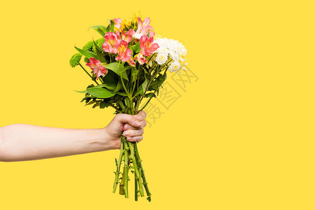 持有黄色孤立的花束美丽鲜花的图片
