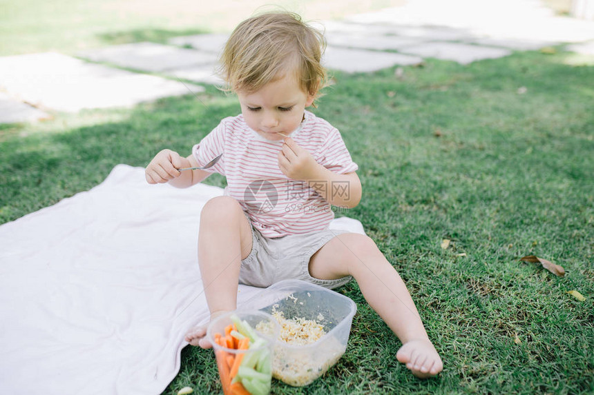 可爱的女婴在户外吃粥和蔬菜的肖像图片