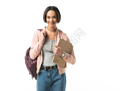 African美洲女学生背包和复印本图片