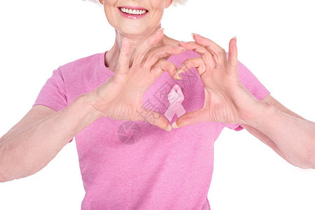 用粉红丝带展示手心符号乳腺癌意识概念的快乐高图片