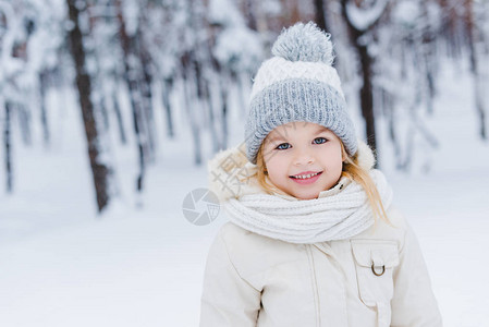 穿着帽子和围巾的可爱小孩肖像在冬季公园的图片