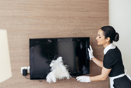 穿白色手套清洁电视的漂亮女佣背景图片