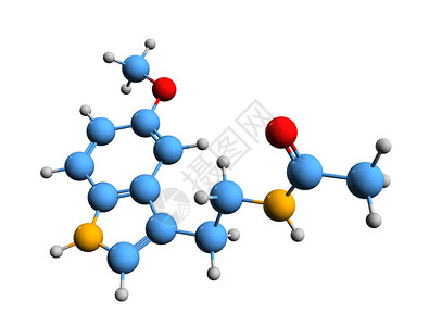 抗氧化剂褪黑激素骨架式的3D图像在白色背景下分离的N乙酰5甲氧基色胺的设计图片