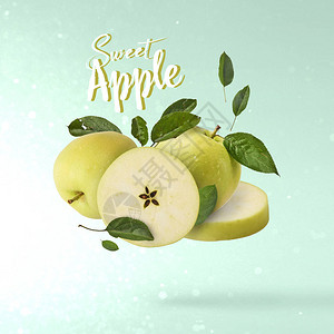 绿色新鲜全新切苹果和叶子图片