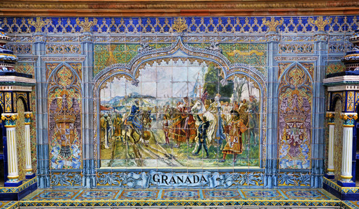 塞维利亚西班牙广场西班牙塞维利亚埃斯帕纳广场著名的陶瓷装饰插画