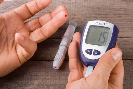 血糖测量仪用一只手在背景图片